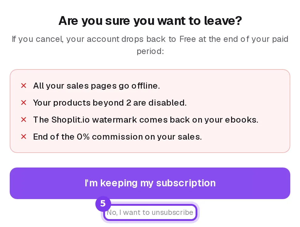 The last step of the cancellation window, with the I'm keeping my subscription button and the No, I want to unsubscribe link