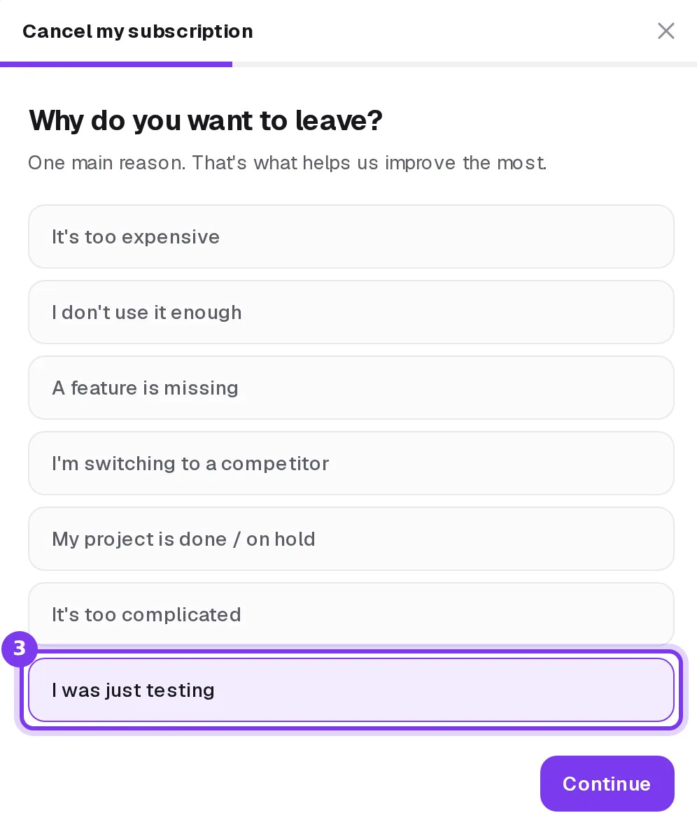 The first step of the cancellation window: the list of reasons, one of them selected, and the Continue button