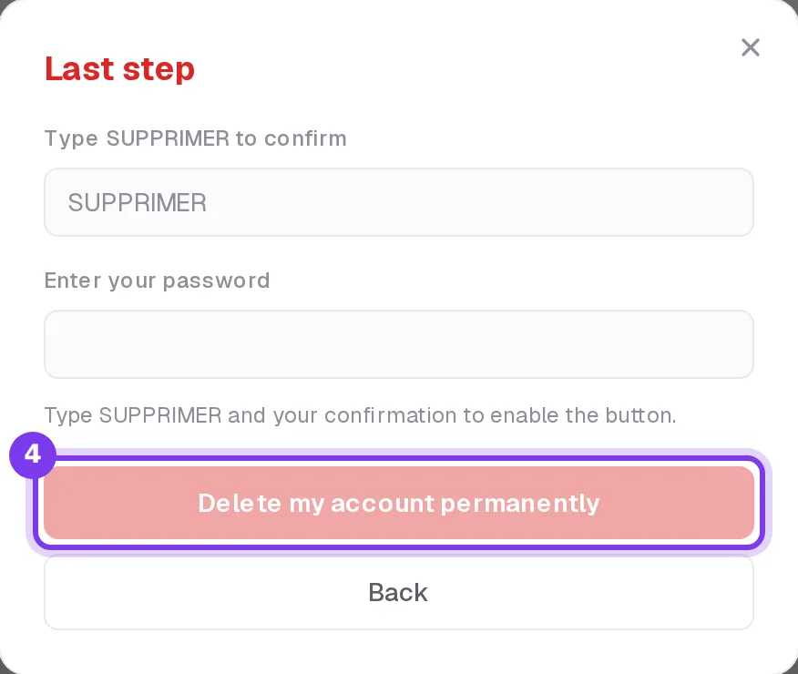 The last step of the deletion window, with the confirmation word field, the password field and the Delete my account permanently button