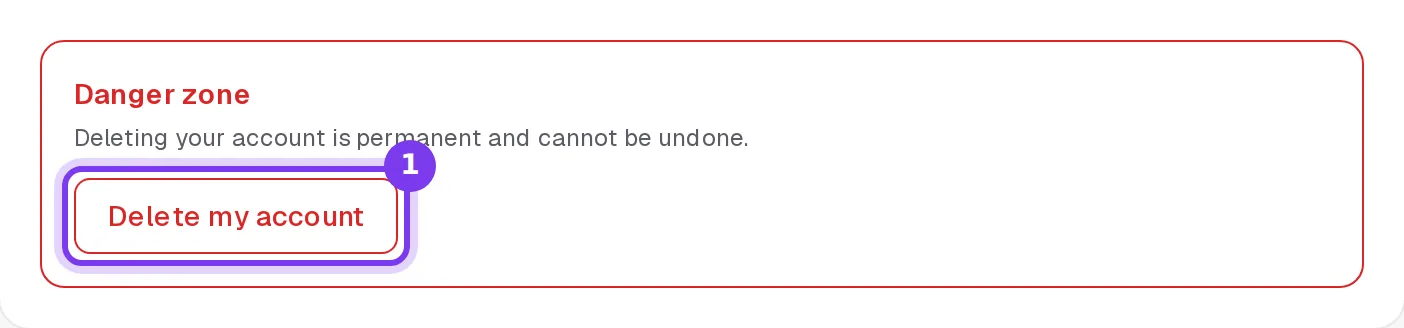 The Danger zone at the bottom of the Account card, with the Delete my account button
