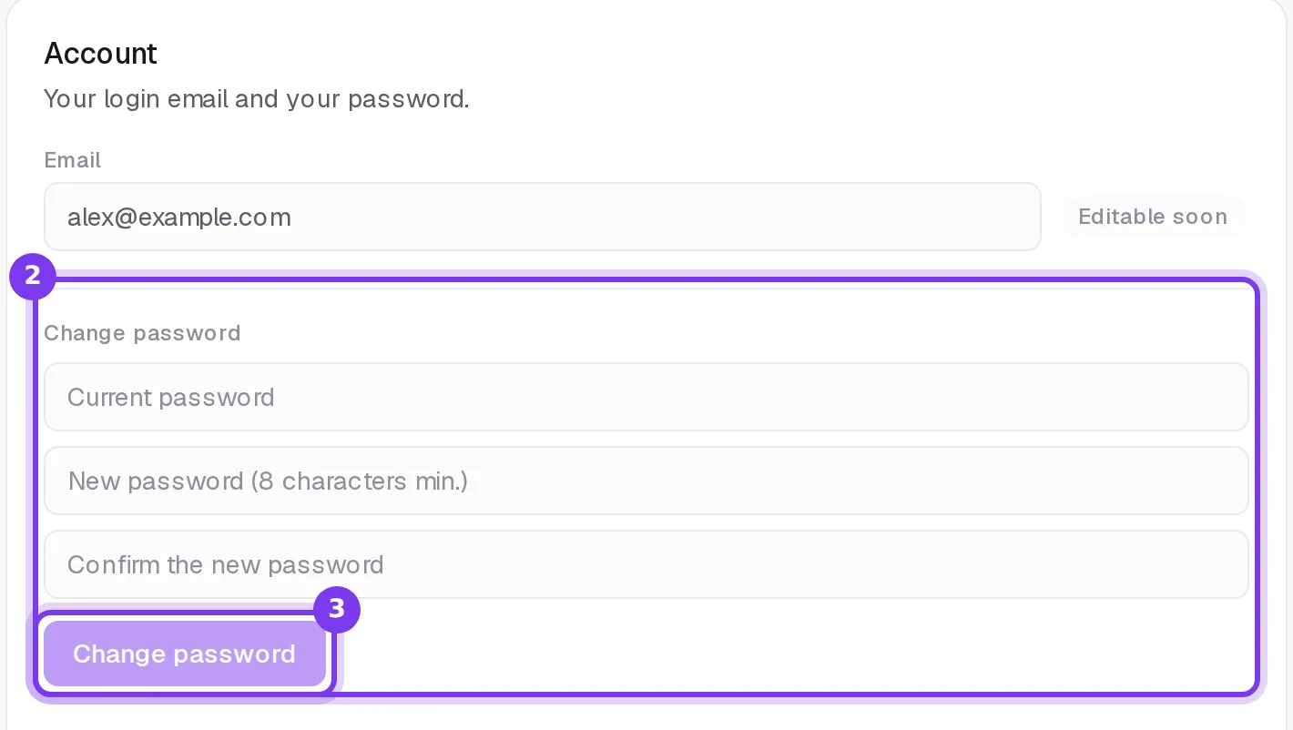 The Account card with the login email marked Editable soon, the three Change password fields and the Change password button