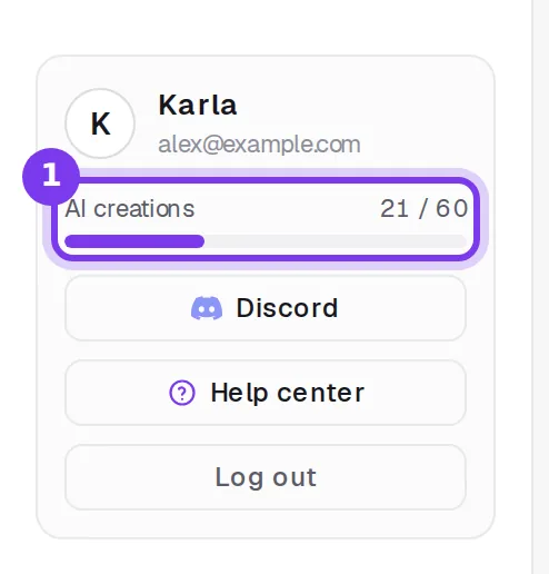 The account box at the bottom of the left menu, with the AI creations counter