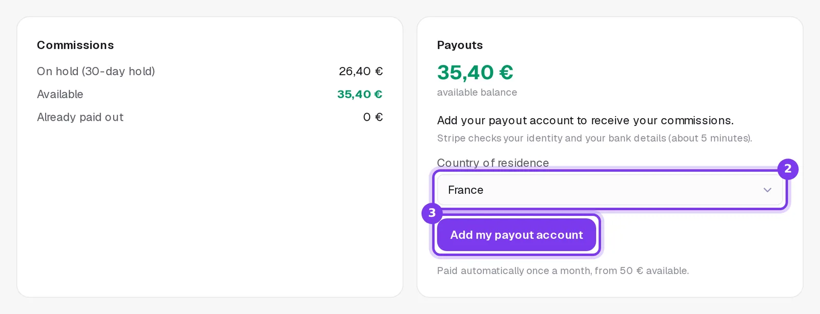 The Commissions block and the Payouts card: France selected under Country of residence, and the Add my payout account button