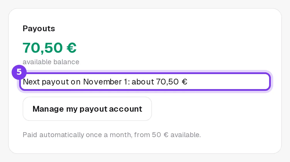 The Payouts card with an account ready: available balance, next payout date with its estimated amount, and the Manage my payout account button
