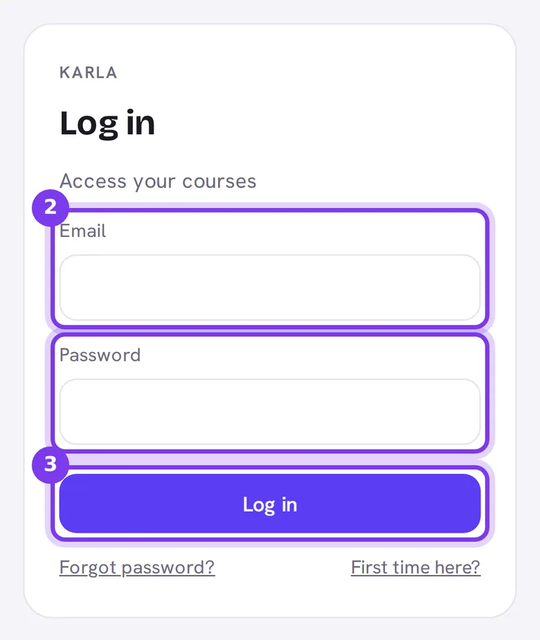 The course space login page on a phone, with the Email and Password fields and the Log in button