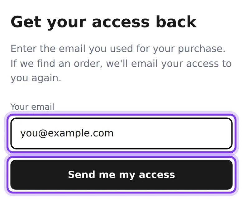 The Get your access back page on a phone, with an email typed in the Your email field and the Send me my access button