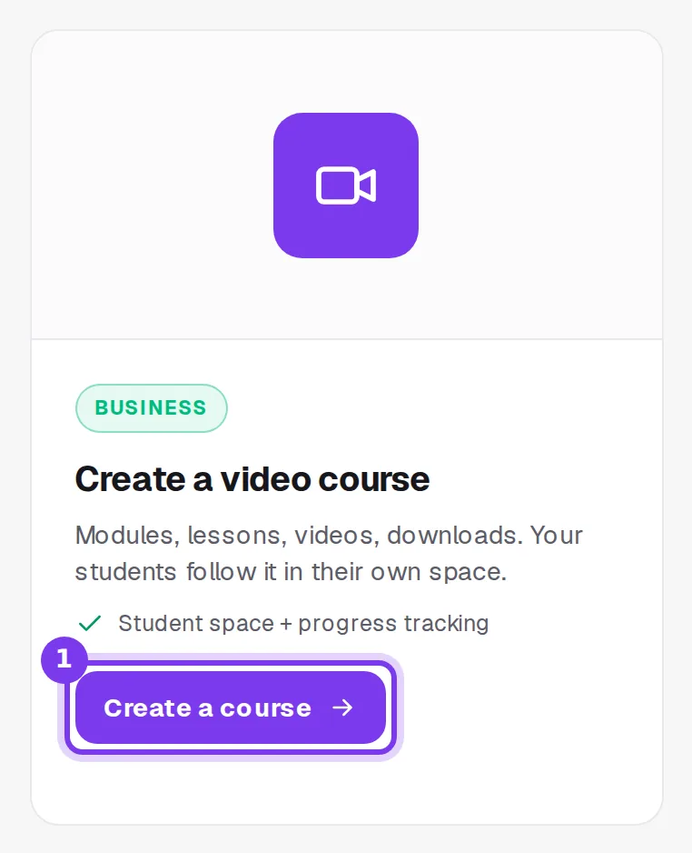 The Create a video course card, with its Create a course button