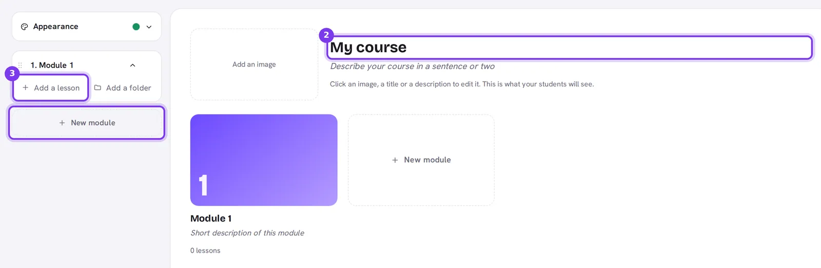 The course editor: Appearance and Module 1 in the left menu, with Add a lesson, Add a folder and New module, and the course title