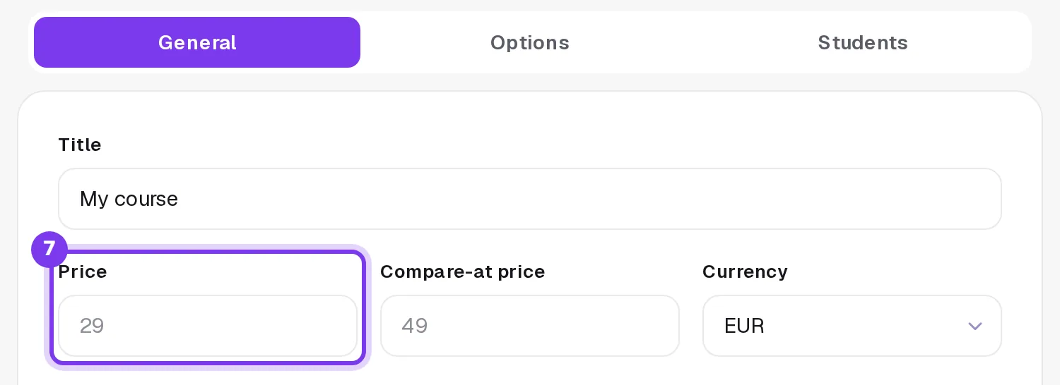 The General tab of the course settings, with the Price, Compare-at price and Currency fields