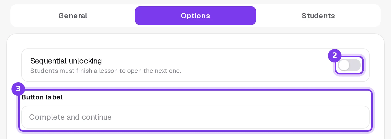 The Options tab of the course settings, with the Sequential unlocking switch and the Button label field