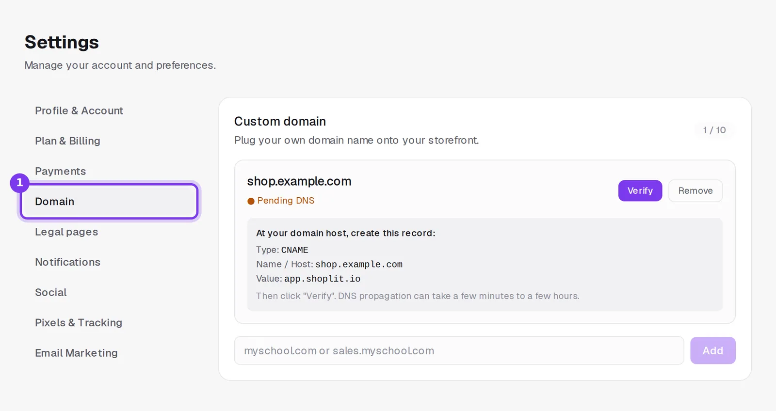 The Domain tab in Shoplit settings, with the Custom domain card