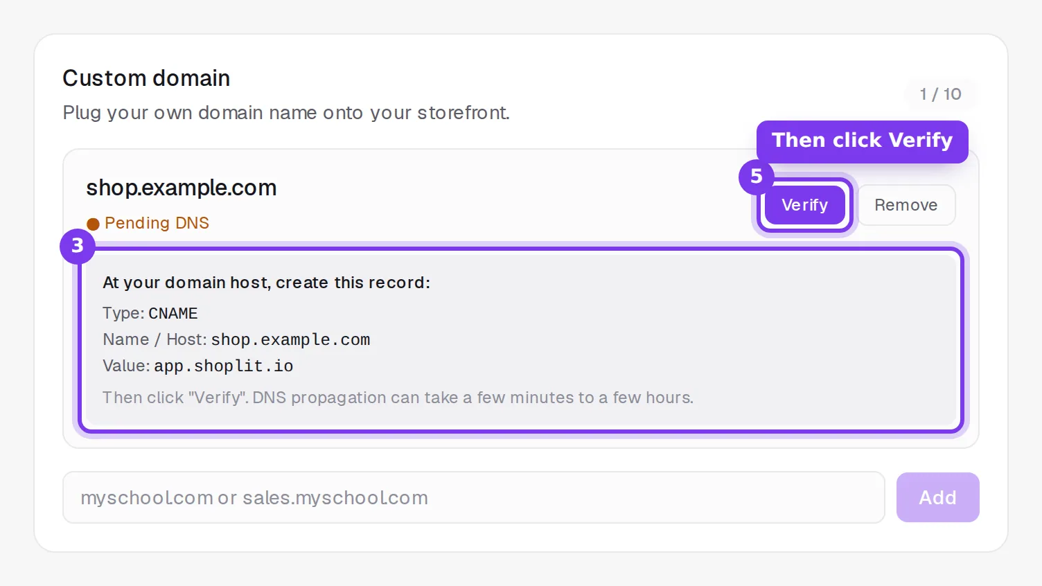 The DNS record to create, with its type, name and value, and the Verify button