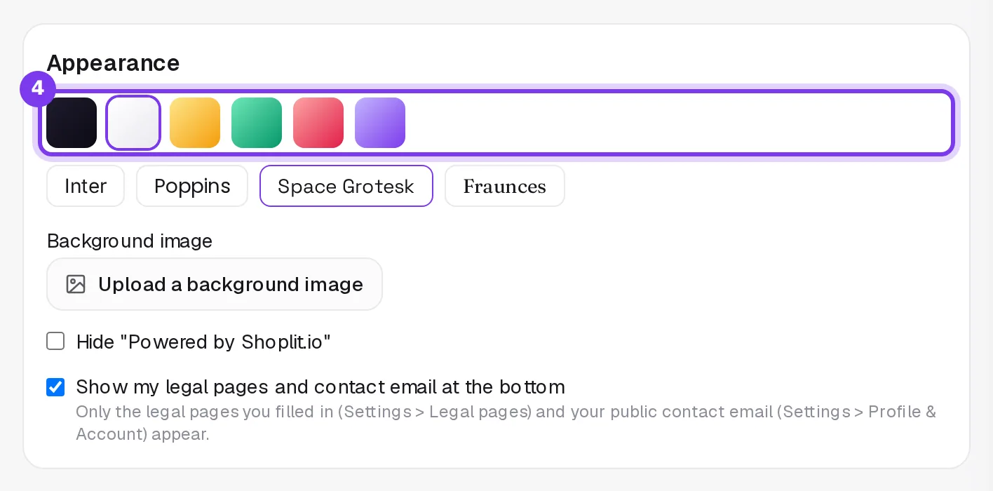The Appearance section: color themes, fonts, background image and the two checkboxes for the bottom of the storefront