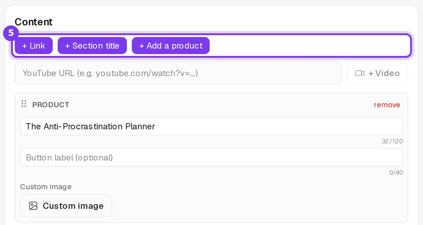 The Content section with the + Link, + Section title and + Add a product buttons, the YouTube field and a product block
