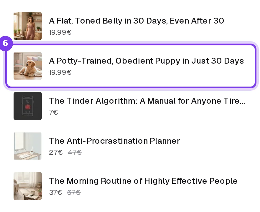 The list of sales pages to add, each with its picture and price