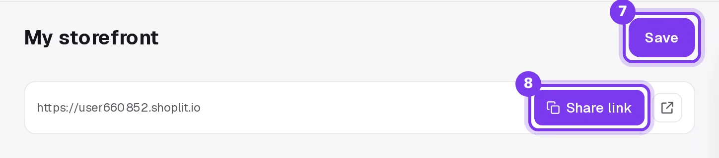 The Save button and the storefront address with the Share link button