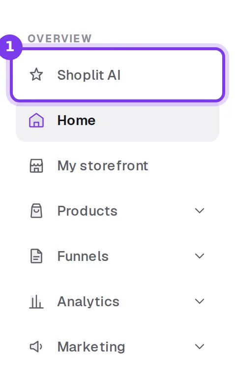 The left menu of Shoplit, with Shoplit AI at the top