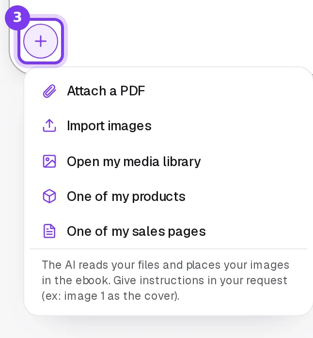 The + menu of the Shoplit AI field, with Attach a PDF, Import images and Open my media library