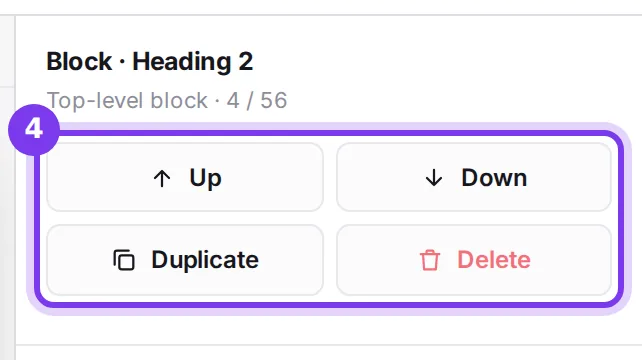 The settings of a selected block, with the Up, Down, Duplicate and Delete buttons