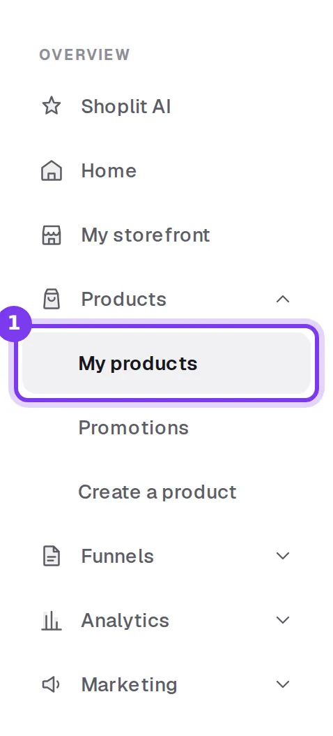 The left menu of Shoplit, with Products open and My products selected