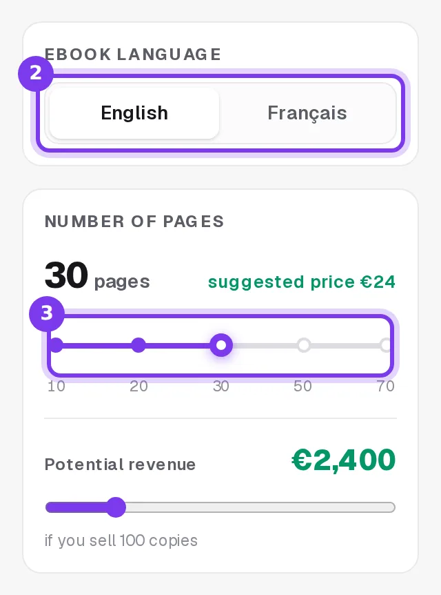 The Ebook language choice, English or Français, and the Number of pages slider of the questionnaire