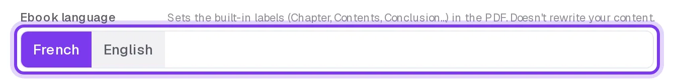 The Ebook language choice, French or English, in the product settings