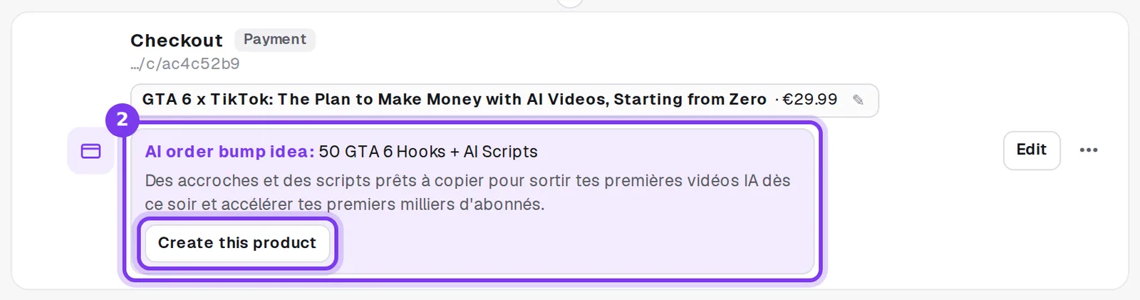 The Checkout step of a funnel, with an AI order bump idea and its Create this product button