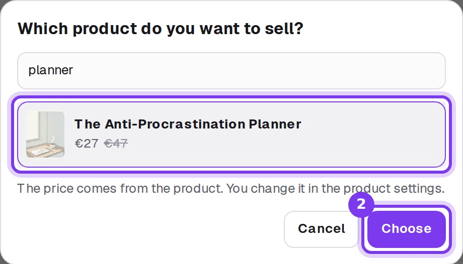 The Which product do you want to sell? window, with a word typed in the search field, the matching product selected and the Choose button