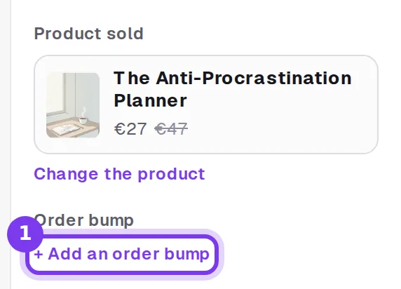 The Funnel settings column, with + Add an order bump under Order bump