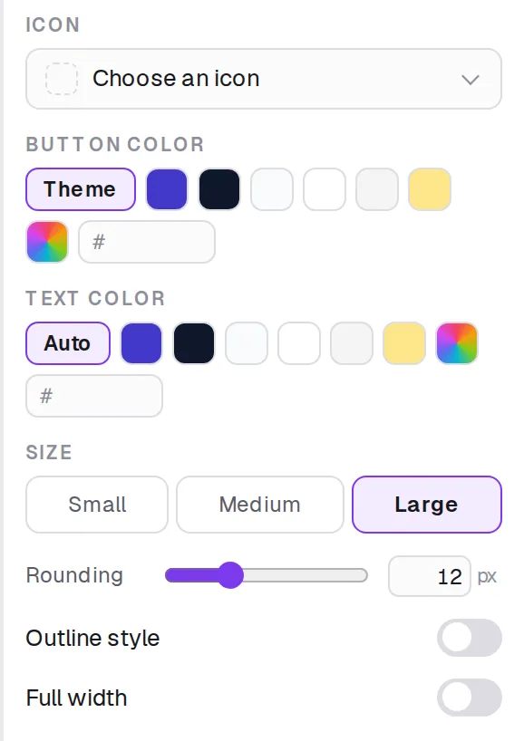 The Style group of a Button block: icon, button color, text color, size, rounding, outline style and full width