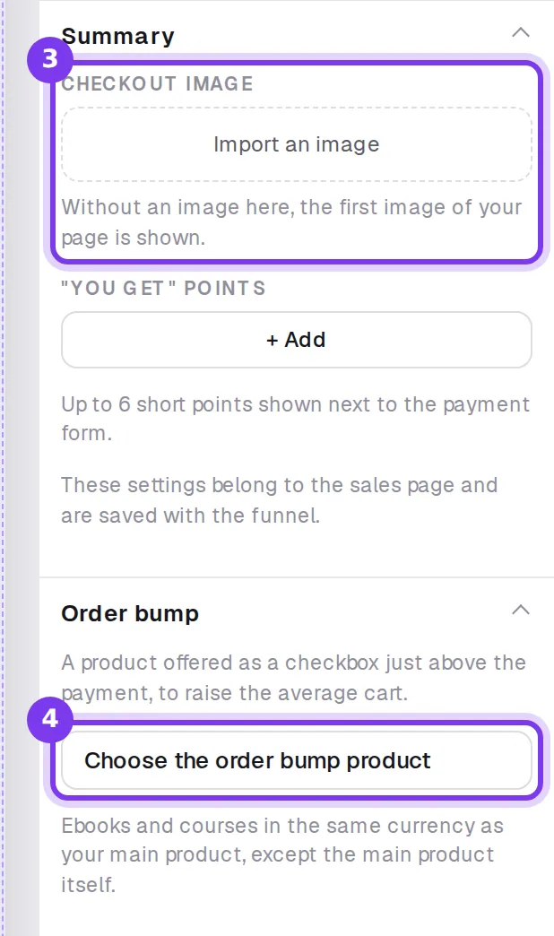 The Summary and Order bump groups of the Payment block settings