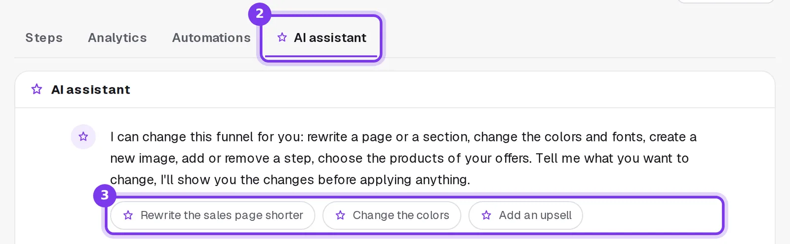 The AI assistant tab of a funnel, with its welcome message and three suggestions