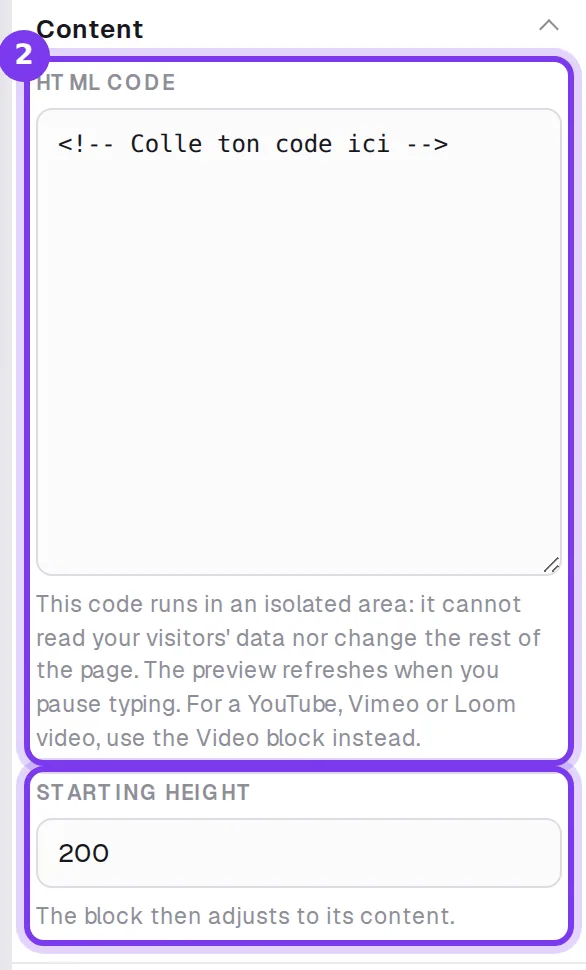 The settings of a Custom code block: the HTML code field and the Starting height