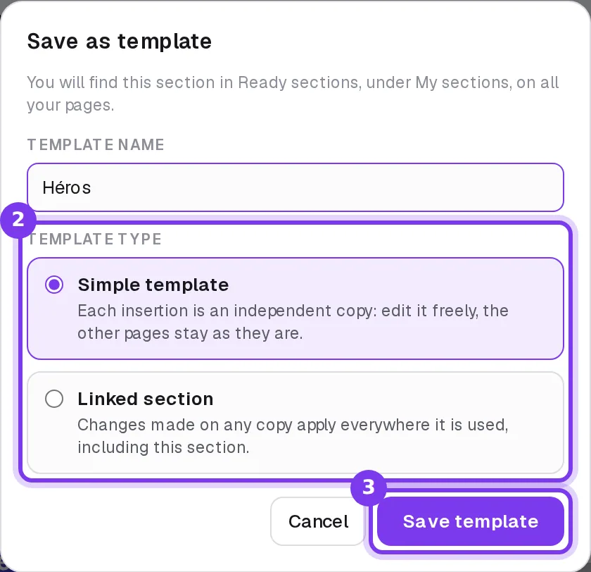 The Save as template window, with the template name, the Simple template and Linked section choices, and the Save template button