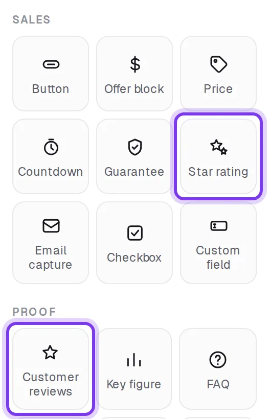 The Sales and Proof sections of the Blocks tab, with the Star rating and Customer reviews blocks highlighted
