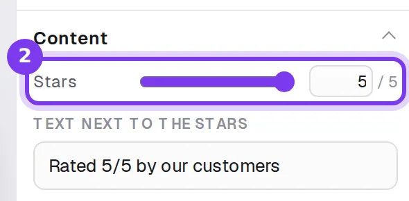 The settings of a Star rating block: Stars and Text next to the stars