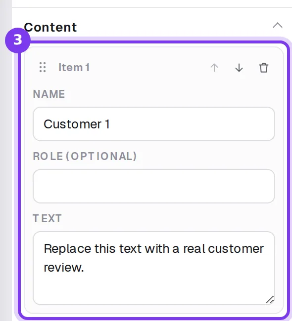 The first review of a Customer reviews block: Name, Role (optional) and Text