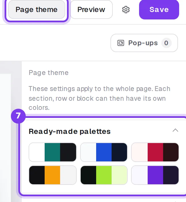 The Page theme button and the Ready-made palettes in the right panel