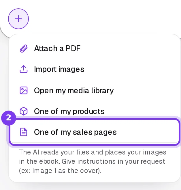 The + menu of Shoplit AI, with One of my products and One of my sales pages