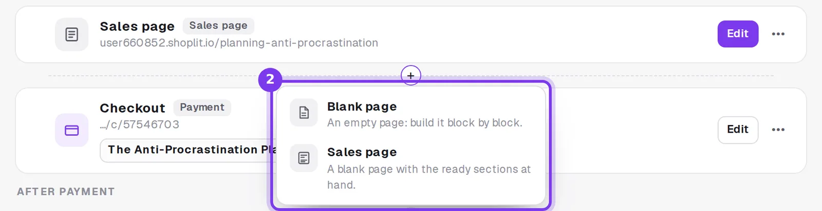 The + between the Sales page and the Checkout, with its Blank page and Sales page choices