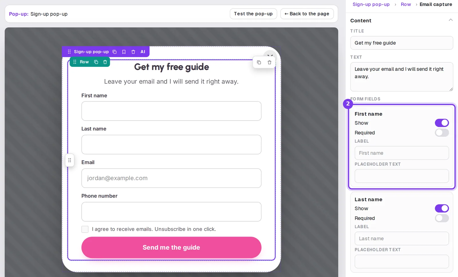 The Email capture block of a sign-up pop-up, with the First name and Last name settings under Form fields