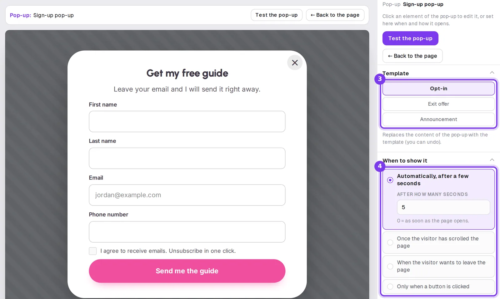 A sign-up pop-up in the editor, with its Template and When to show it settings in the right panel