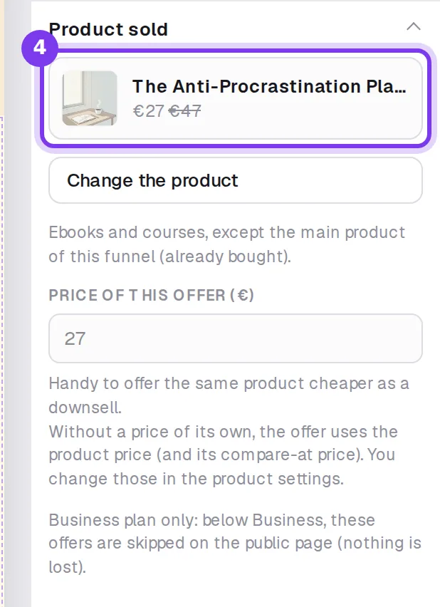 The Product sold group of a one-click offer in the editor, with the chosen product, Change the product and Price of this offer