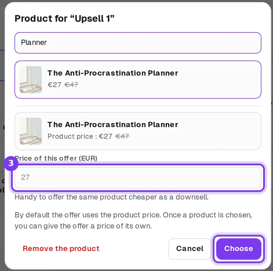 The Product for Upsell 1 window, with the chosen product, the Price of this offer field and the Choose button