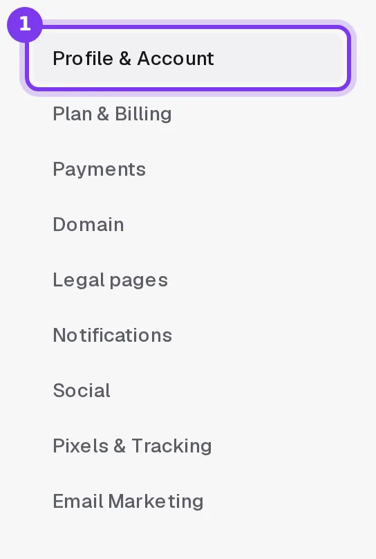 The list of Settings tabs, with Profile and Account selected