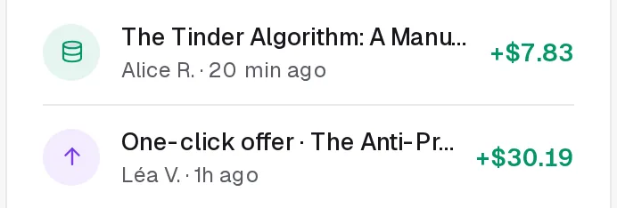 Two of the latest orders in the Last 24 hours box: the product, the buyer's first name, how long ago and the amount