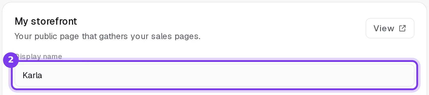 The My storefront card in Settings with its Display name field