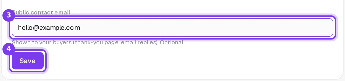 The Public contact email field filled in, with the Save button below