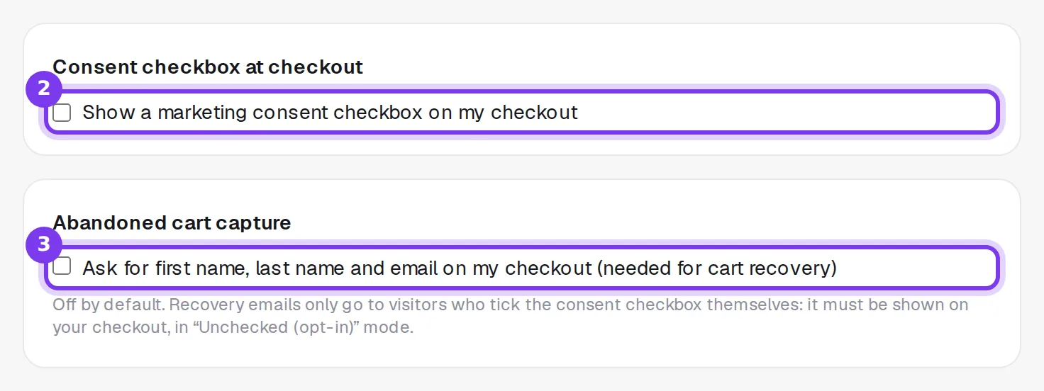 The Consent checkbox at checkout and Abandoned cart capture cards, each with its checkbox