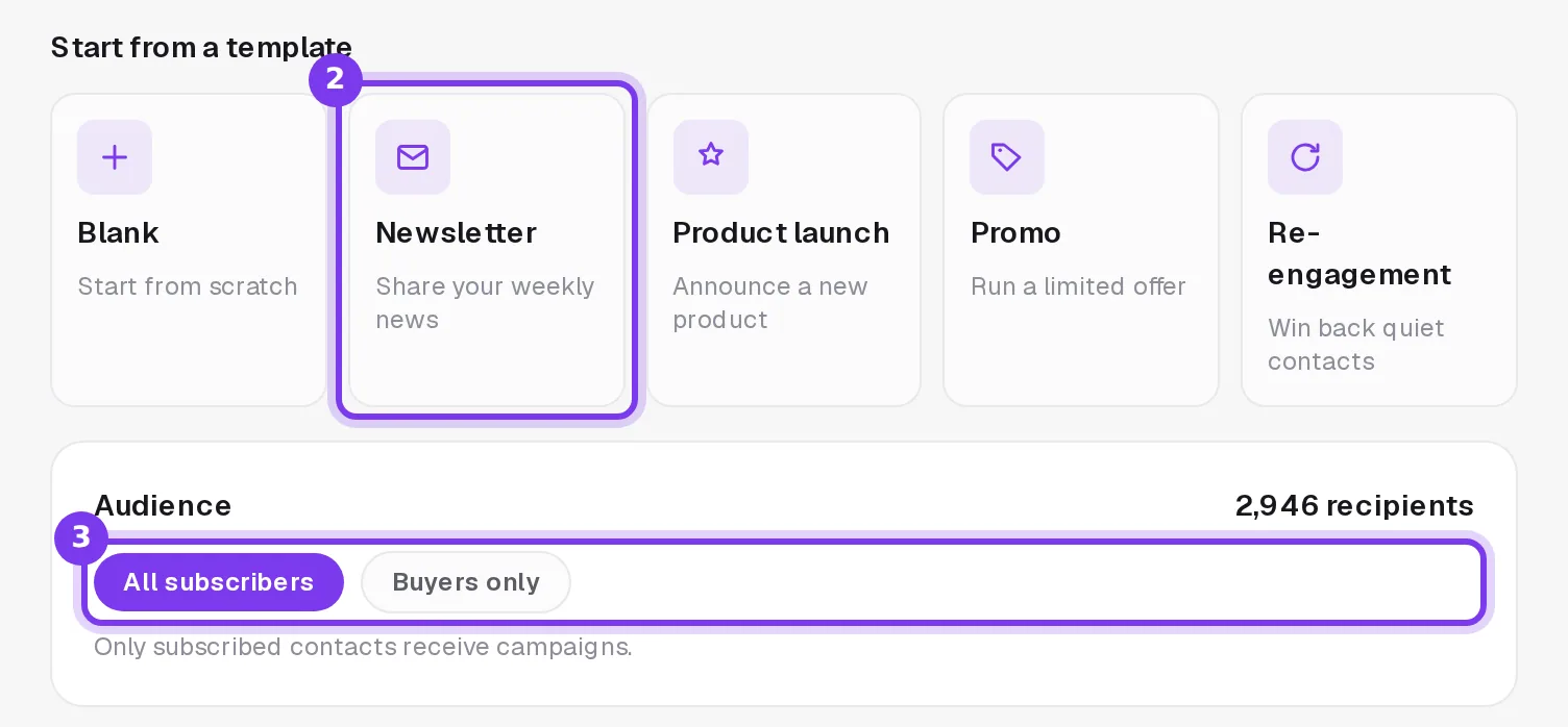 The template cards Blank, Newsletter, Product launch, Promo and Re-engagement, then the Audience card with All subscribers, Buyers only and the number of recipients